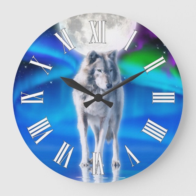 Gray Wolf & Aurora Moon Reloj de arte de vida silv (Anverso)
