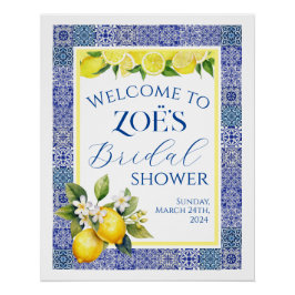 Grecian Blue & Lemon Bridal Shower Poster de bienv