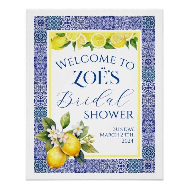 Grecian Blue & Lemon Bridal Shower Poster de bienv (Anverso)