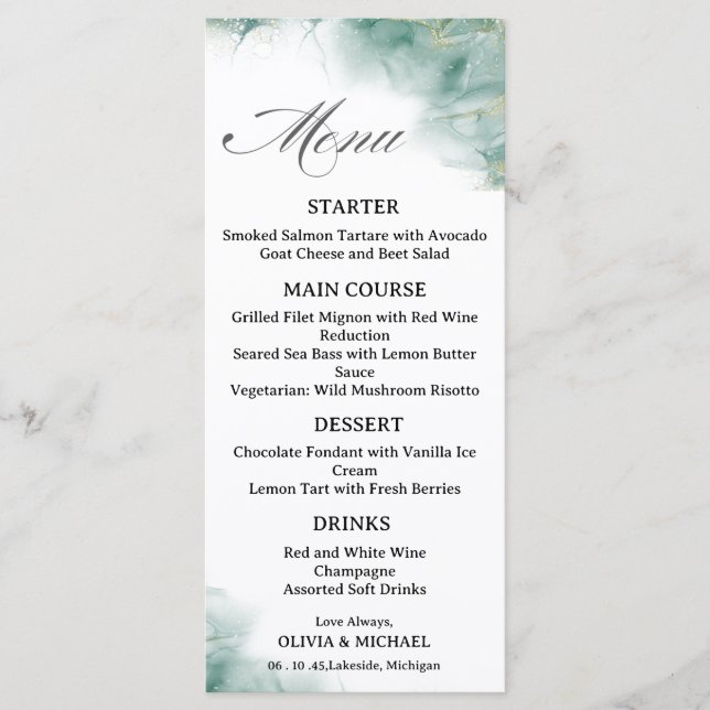  Green Abstract Watercolor Wash Wedding Menu Card (Anverso)
