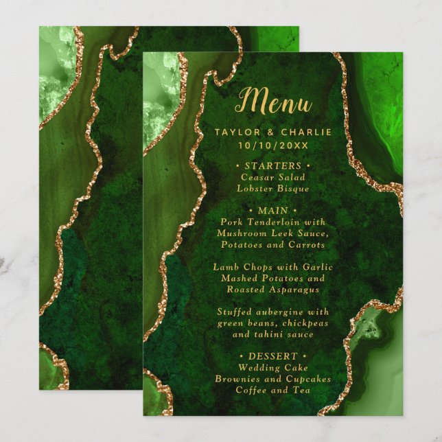 Green and Gold Agate Wedding Menu (Anverso / Reverso)