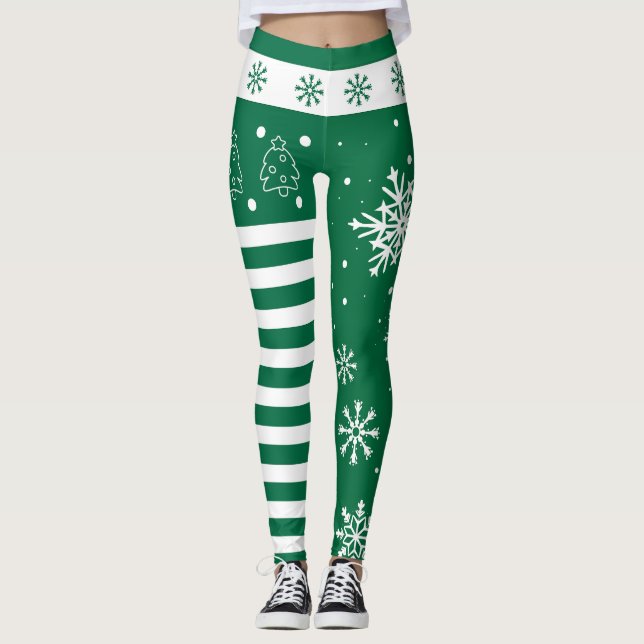 Green and White Christmas Leggings with Snowflakes (Anverso)