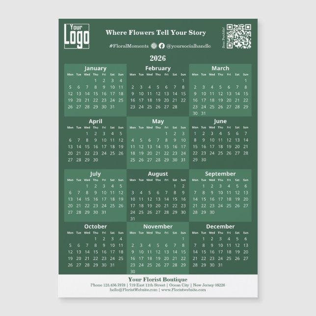 Green and White Custom Logo 2026 Calendar Magnet (Anverso)