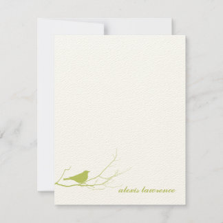 Green bird on branch ecru tarjeta de agradecimient
