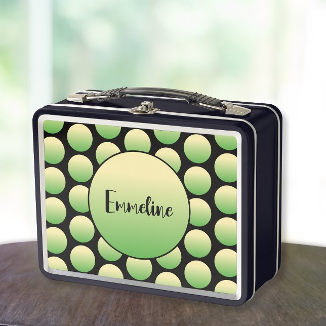 Green Black Dots Modern Script Name Typography (Green and black polka dot personalized lunch box, shown on a tabletop.)