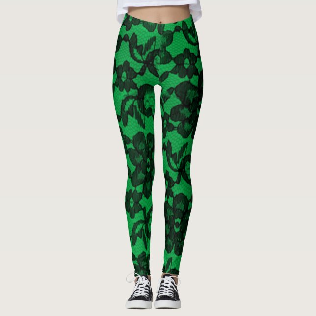 Green & Black Elegant Faux Lace Spandex Leggings (Anverso)
