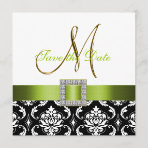 Green Black White Damask Guardar la tarjeta de fec