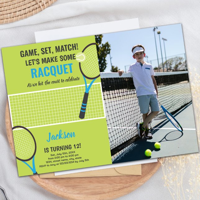 Green Blue Tennis Birthday Invitaciones a cumpleañ (Green Blue Tennis Birthday Invitations w photo)