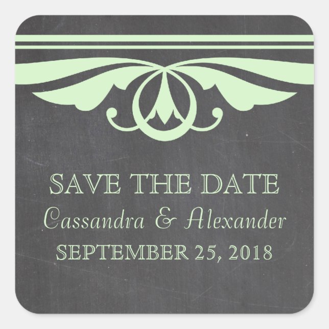 Green Deco Chalkboard Save the Date Pegatinas (Anverso)