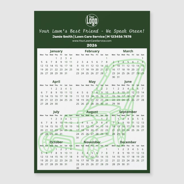 Green Garden Maintenance Magnetic 2026 Calendar (Anverso)