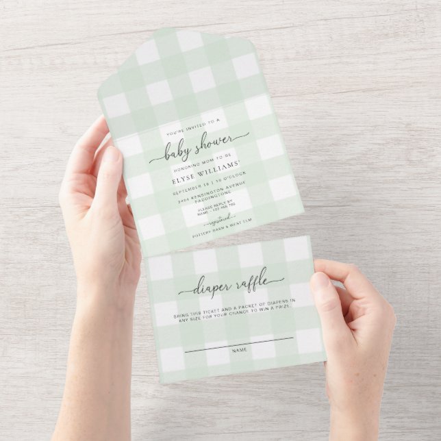 Green Gingham All In One baby Shower Invitación (desgarro)