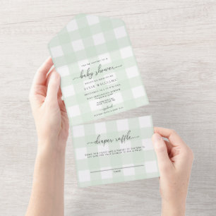 Green Gingham All In One baby Shower Invitación