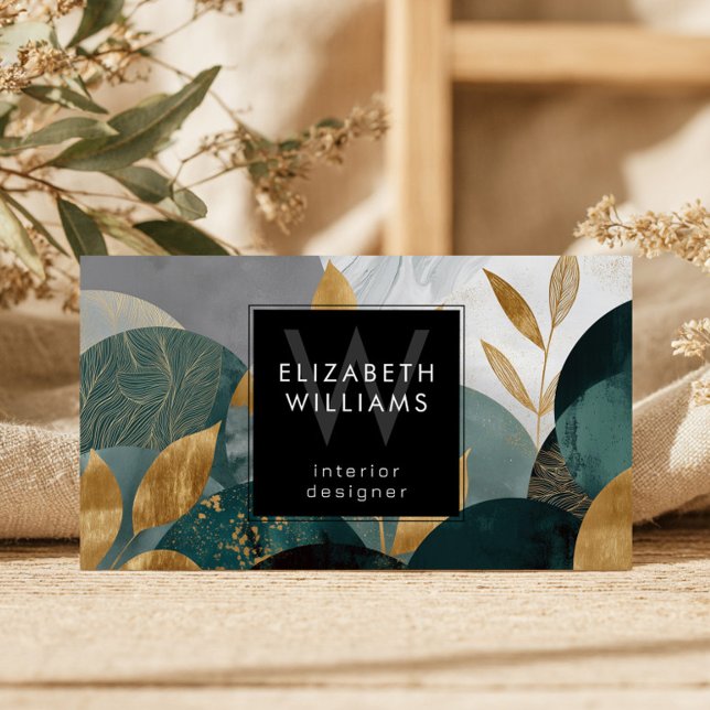 Green Gold Abstract Leaves Monogram Business Cards (Subido por el creador)