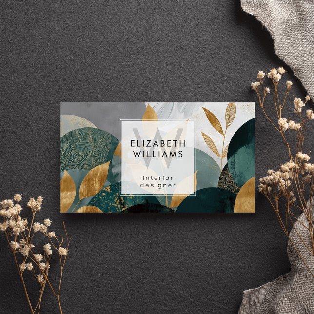 Green Gold Abstract Leaves Monogram Business Cards (Subido por el creador)