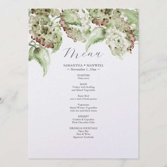 Green Hydrangea Wedding Decor Menus (Anverso)
