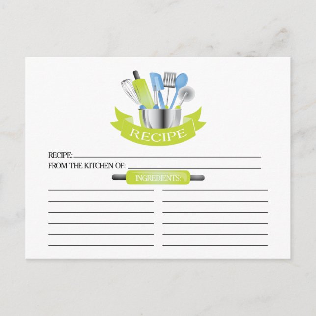 Green Kitchen Tools Bridal Shower Recipe Tarjetas  (Anverso)