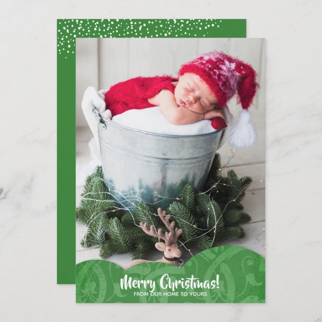 Green Linen Filigree Photo Navidad Tarjeta de vaca (Anverso / Reverso)