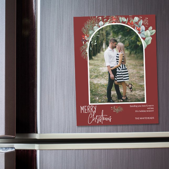 Green Merry Christmas Arch Photo Burgundy (You will love these beautiful Christmas cards! They feature botanical watercolor pine and berries.)