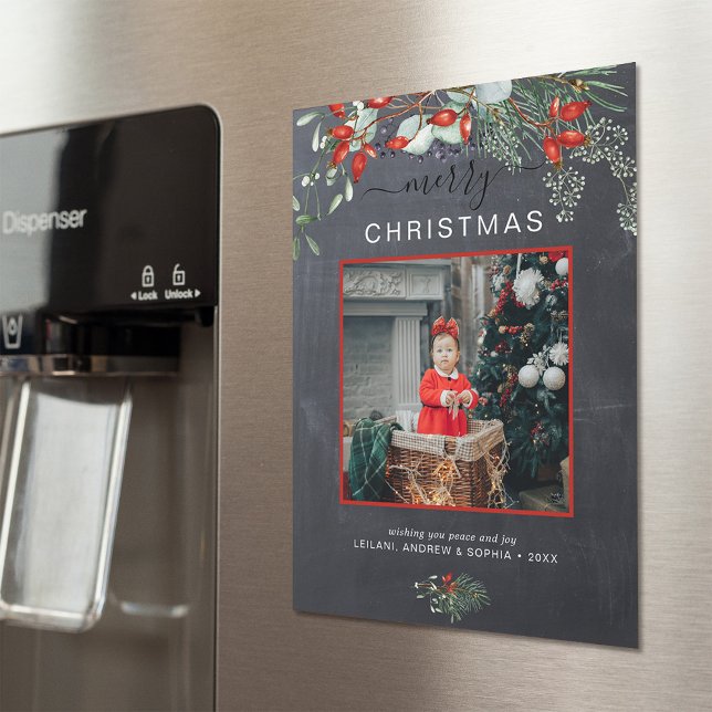 Green Merry Christmas Photo Chalkboard (You will love these beautiful Christmas cards! They feature botanical watercolor pine and berries.)