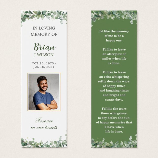 Green Photo Funeral Memorial Bookmark (Anverso y reverso)