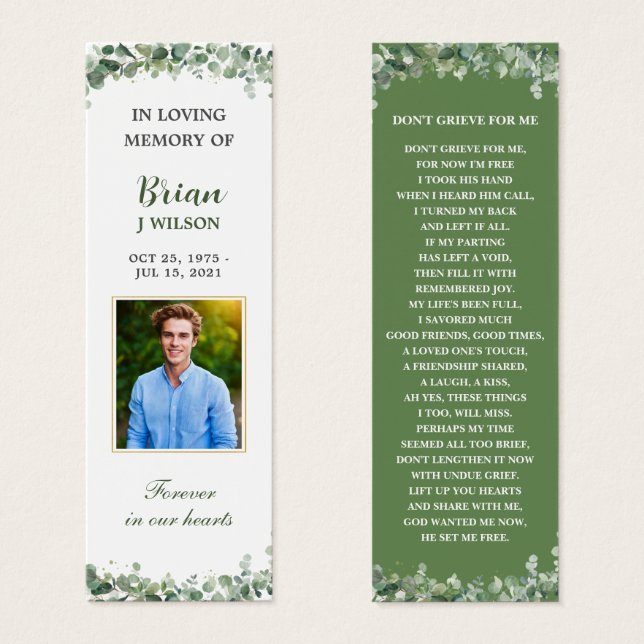 Green Photo Funeral Memorial Bookmark (Anverso y reverso)