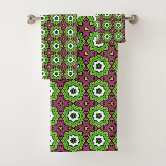 Green purple and white geometric pattern Towel (In situ)