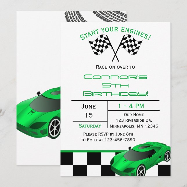 Green Race Car | Invitación de cumpleaños de niños (Anverso / Reverso)