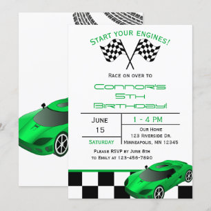 Green Race Car   Invitación de cumpleaños de niños