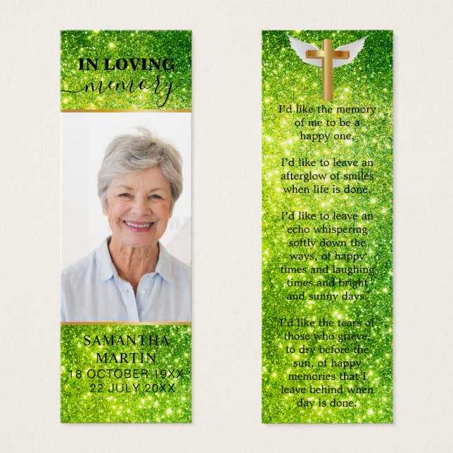 Green Sparkly Elegant Memorial Funeral Marcador (Anverso y reverso)