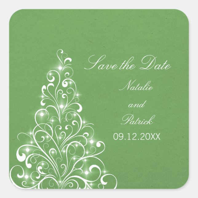 Green Sparkly Holiday Tree Save the Date Pegatinas (Anverso)