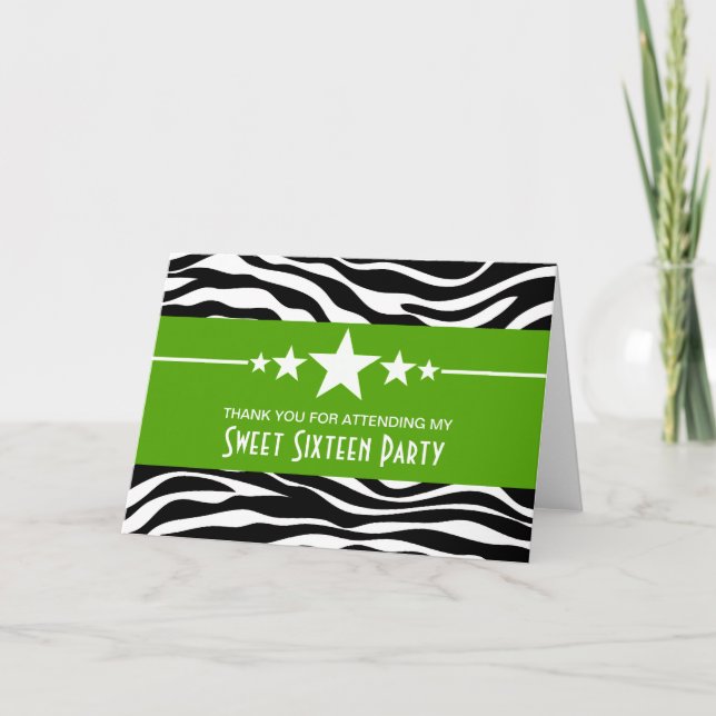 Green Stars Zebra Print Sweet 16 Gracias Tarjeta (Anverso)
