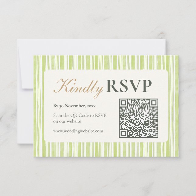 Green Stripe Wedding RSVP Postcards with QR Code (Anverso)