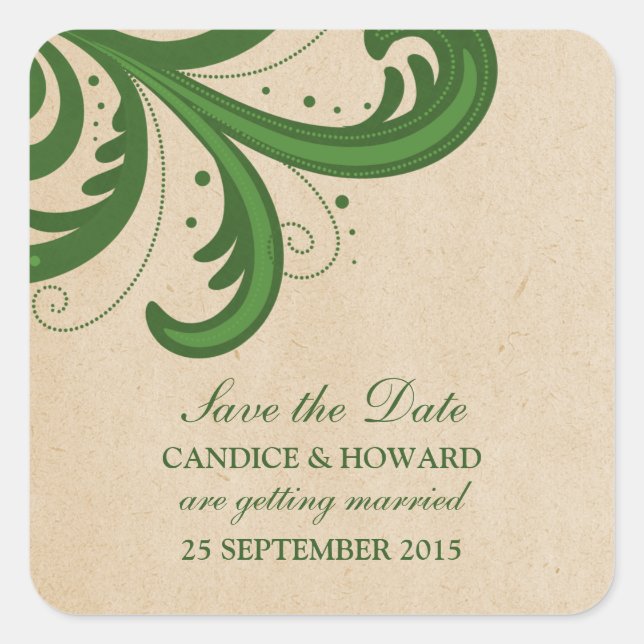 Green Stylish Swirls Save the Date Pegatinas (Anverso)