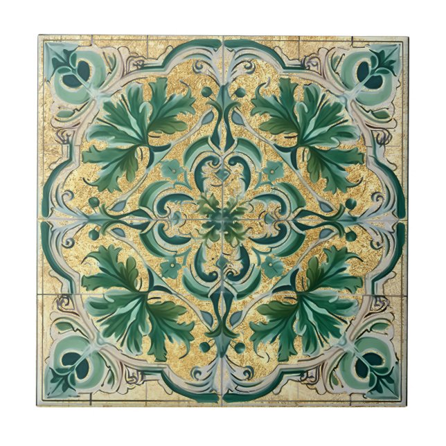 Green Tan Gold Look Talavera Azulejo Tile (Frente)