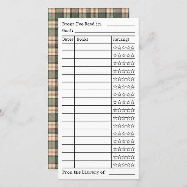 Green Tartan-Plaid Reading List Tracker Flat Card (Anverso / Reverso)