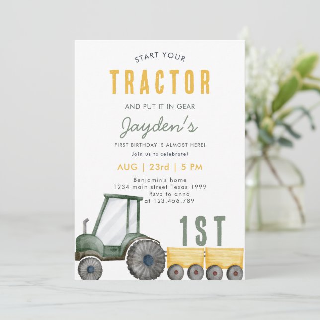 Green Tractor Farm Boy 1ª invitación de cumpleaños (Anverso de pie)