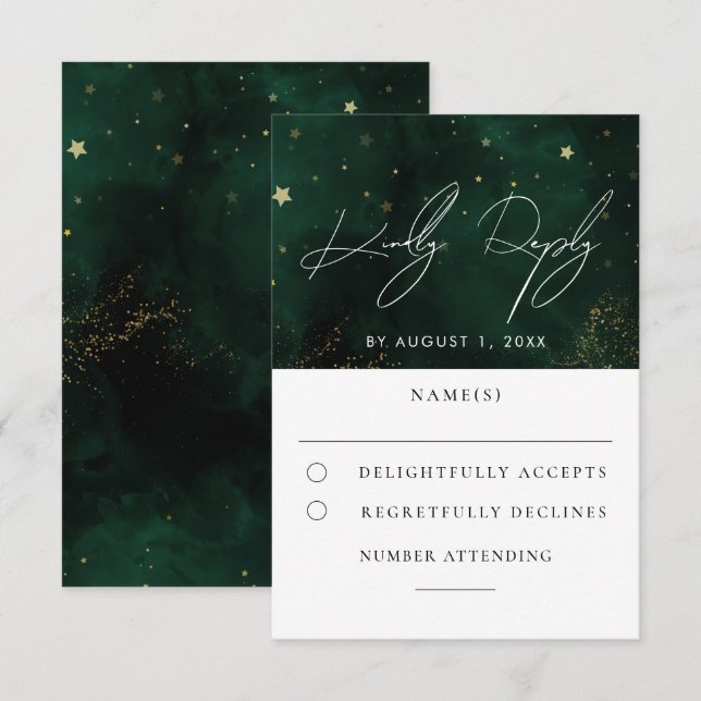 Green Watercolor Magical Gold Wedding RSVP (Anverso / Reverso)