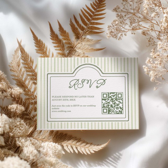 Green Wedding Striped QR code RSVP Card (Subido por el creador)
