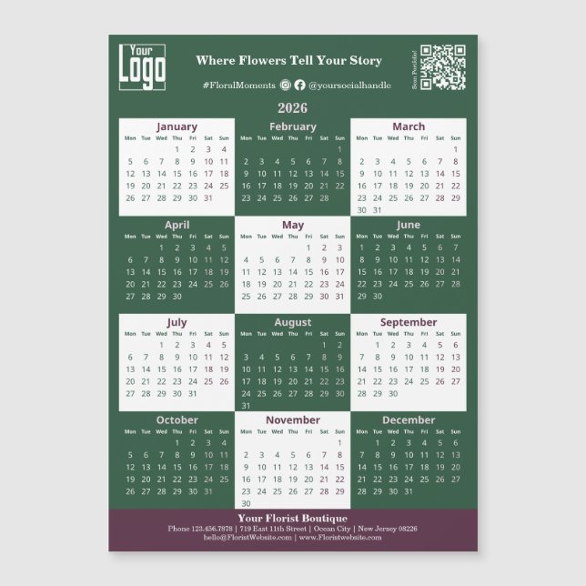 Green, White, Pink Your Logo 2026 Magnet Calendar (Anverso)