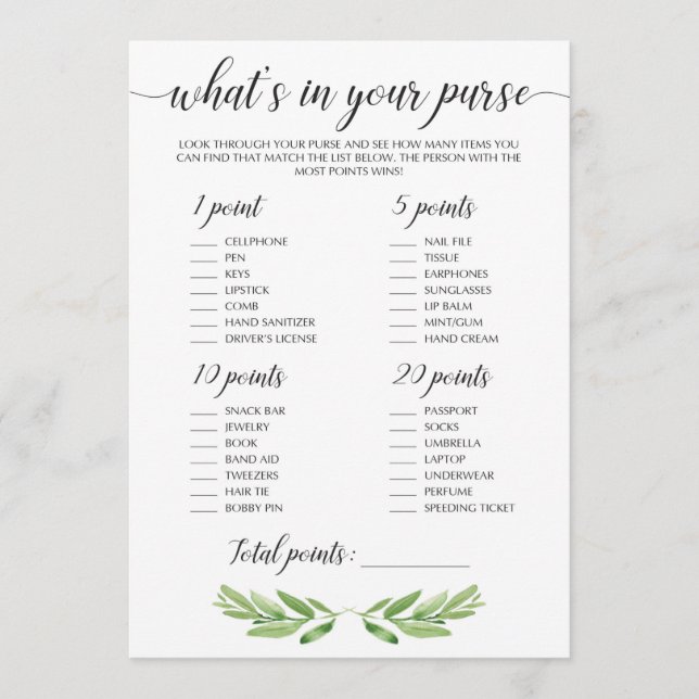 Greeneration Bridal Shower Activity Purse Raid Gam (Anverso)