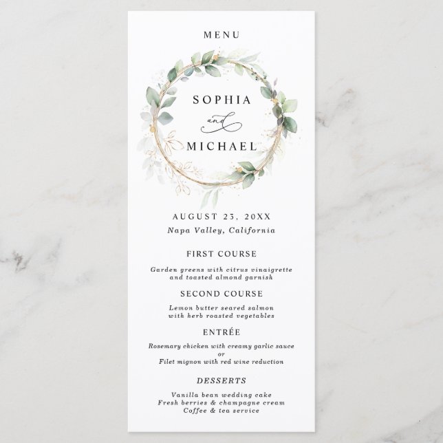 Greenery and Gold Wedding Flat Menu (Anverso)