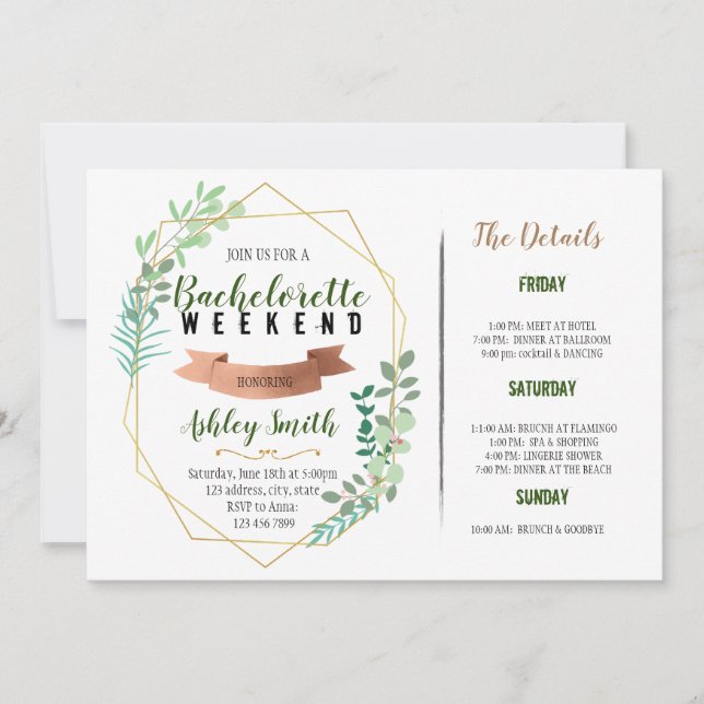 Greenery Bachelorette Invitación itinerante (Anverso)