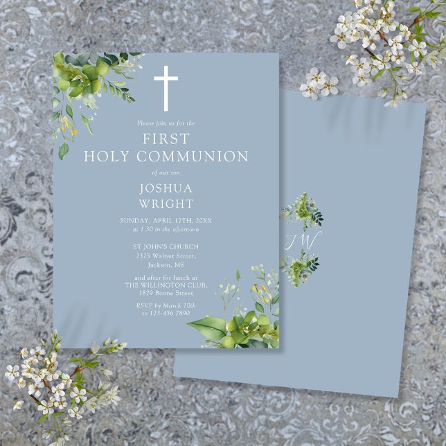 Greenery Blue First Invitación de la Santa Comunió (Greenery Blue First Holy Communion Invitation Postcard)