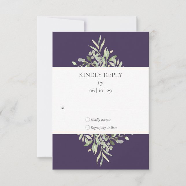 Greenery Elegant Purple Wedding Tarjeta RSVP (Anverso)