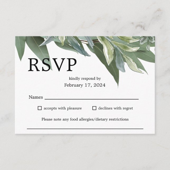 Greenery Eucalyptus Wedding RSVP Tarjeta de Gabine (Anverso)