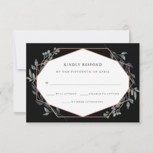 Greenery Geo Black Rosa RSVP de Boda de Oro