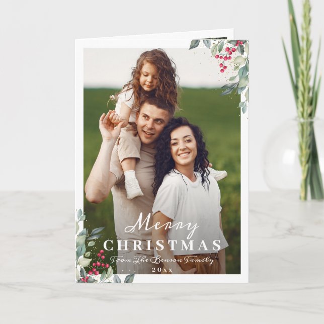 Greenery Holly Berries 2 Foto Feliz Navidad (Anverso)
