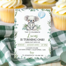 Greenery Koala Balloon Boy Invitación al cumpleaño