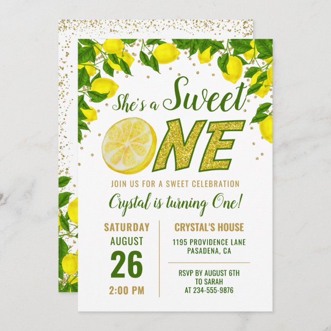 Greenery Lemon Sweet One First Birthday Invitación (Anverso / Reverso)