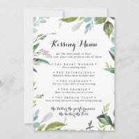 Greenery Moderno Boda Kissing Menu Game Card